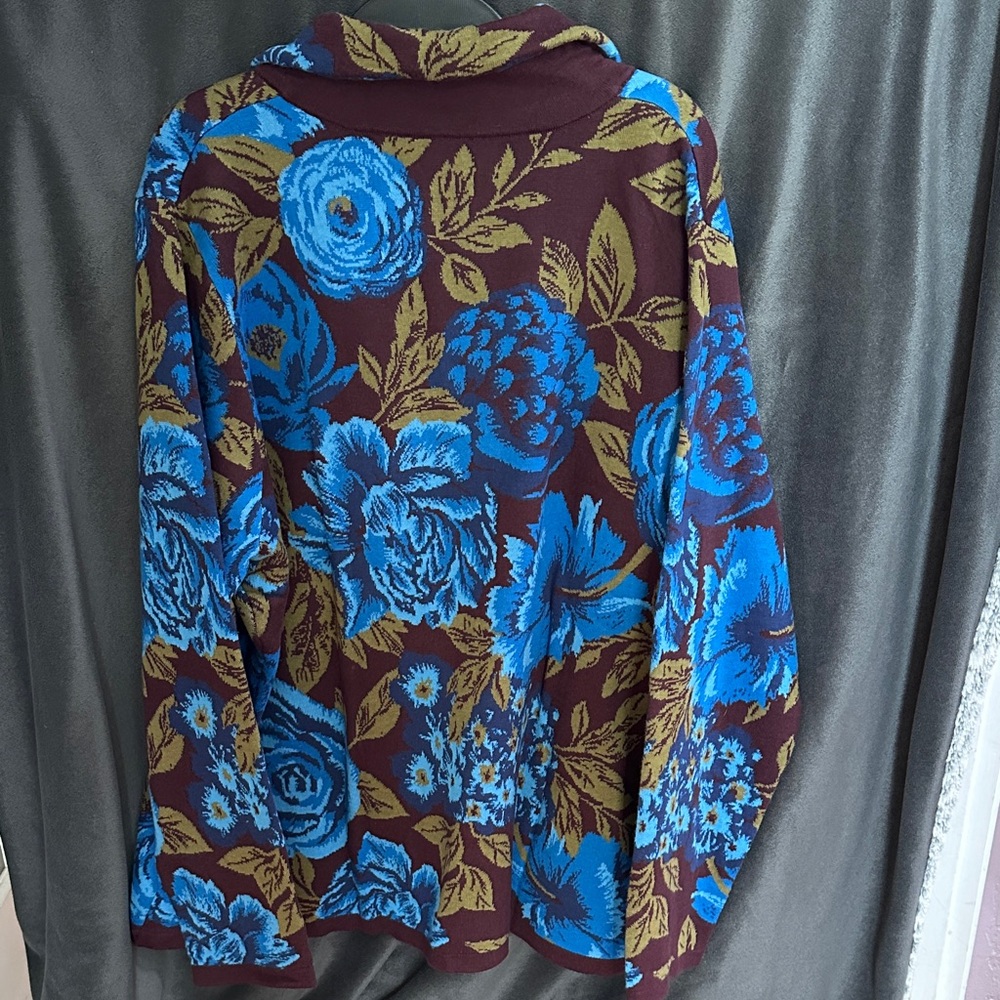 Isaac Mizrahi Blue and Brown Floral Button Down Sweater - Picture 2 of 3